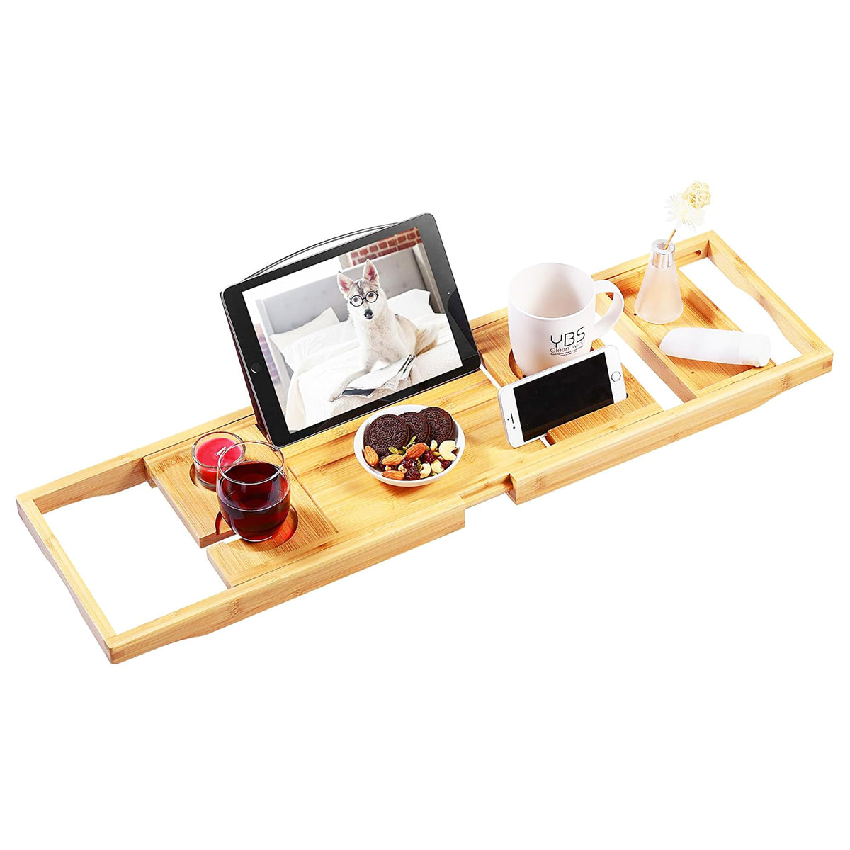 VaeFae bamboo bathtub tray front view showing full layout and organized benefits