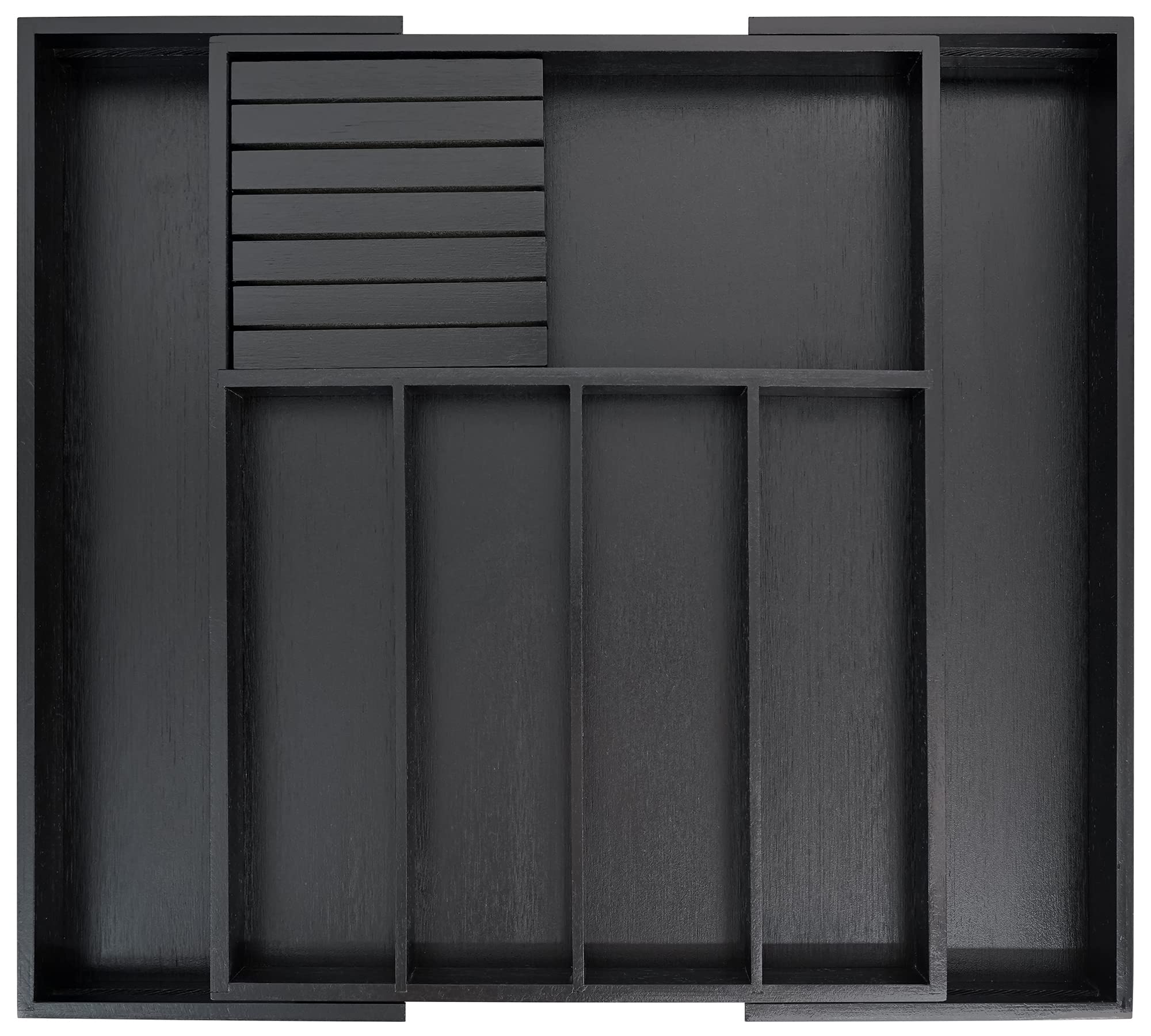 VaeFae front view of bamboo organizer showing tidy compartments and modern black finish