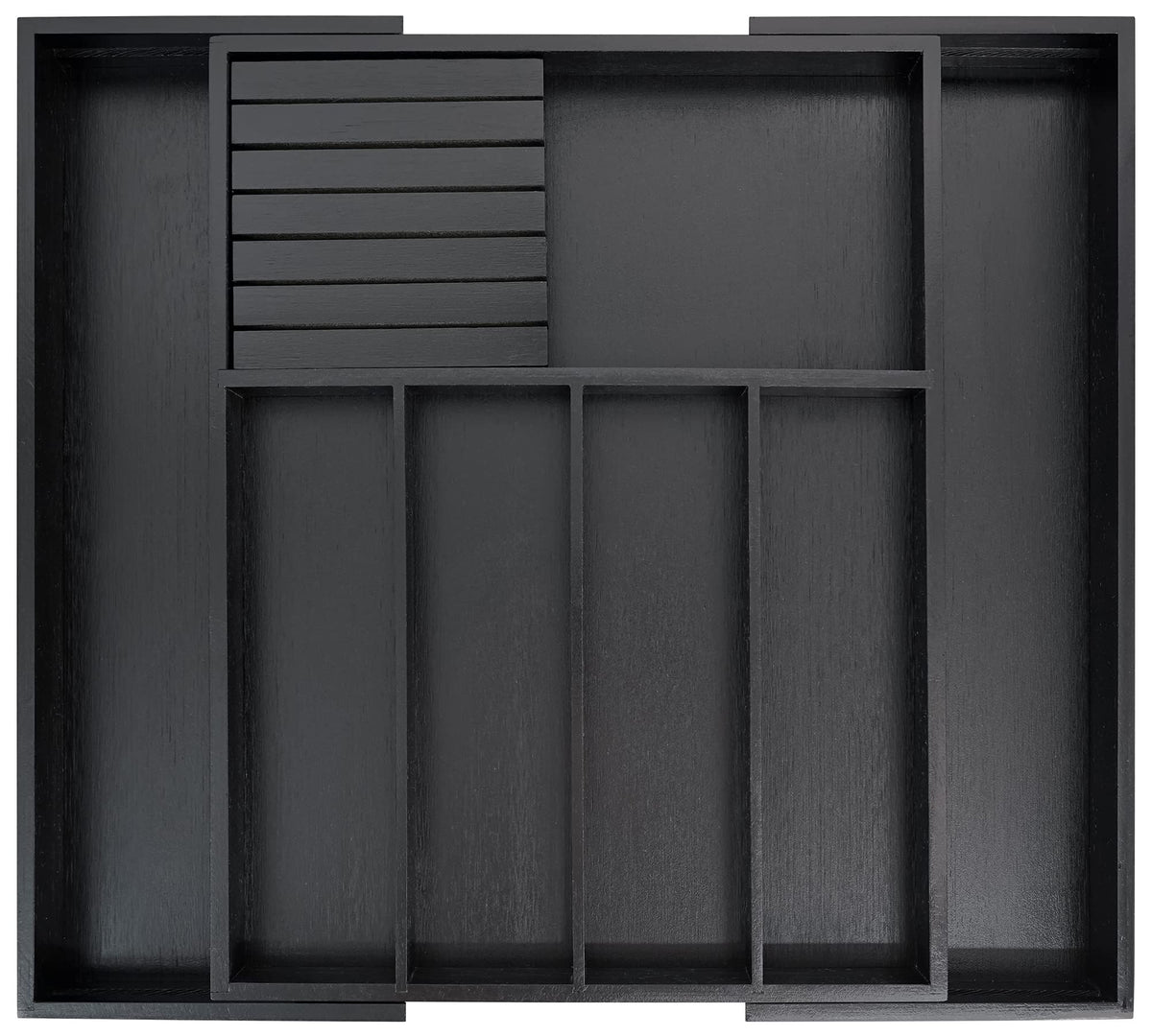 VaeFae front view of bamboo organizer showing tidy compartments and modern black finish