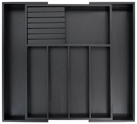 VaeFae front view of bamboo organizer showing tidy compartments and modern black finish