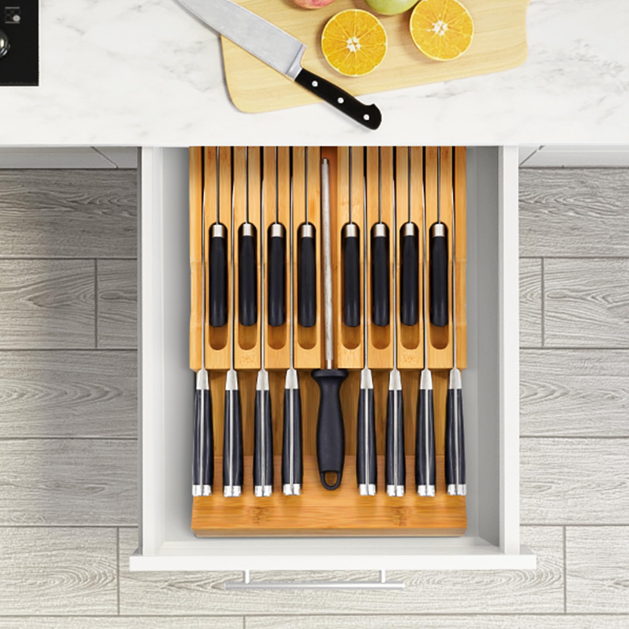 VaeFae lifestyle scene with drawer open showcasing tidy kitchen storage