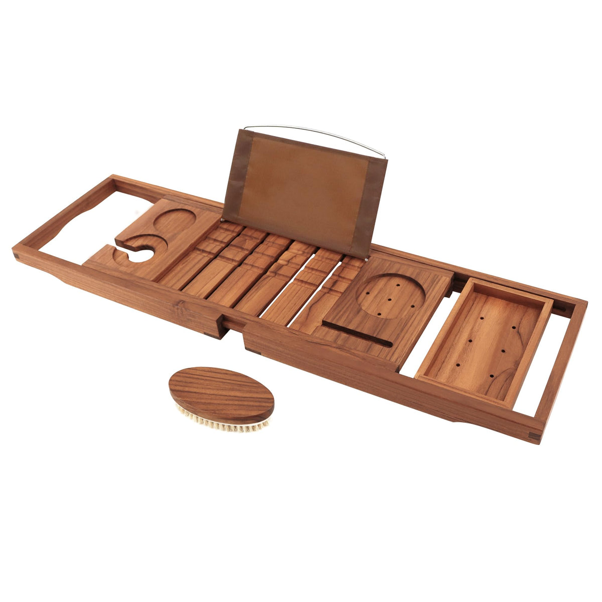 VaeFae front view of teak bathtub tray showing full layout and benefits