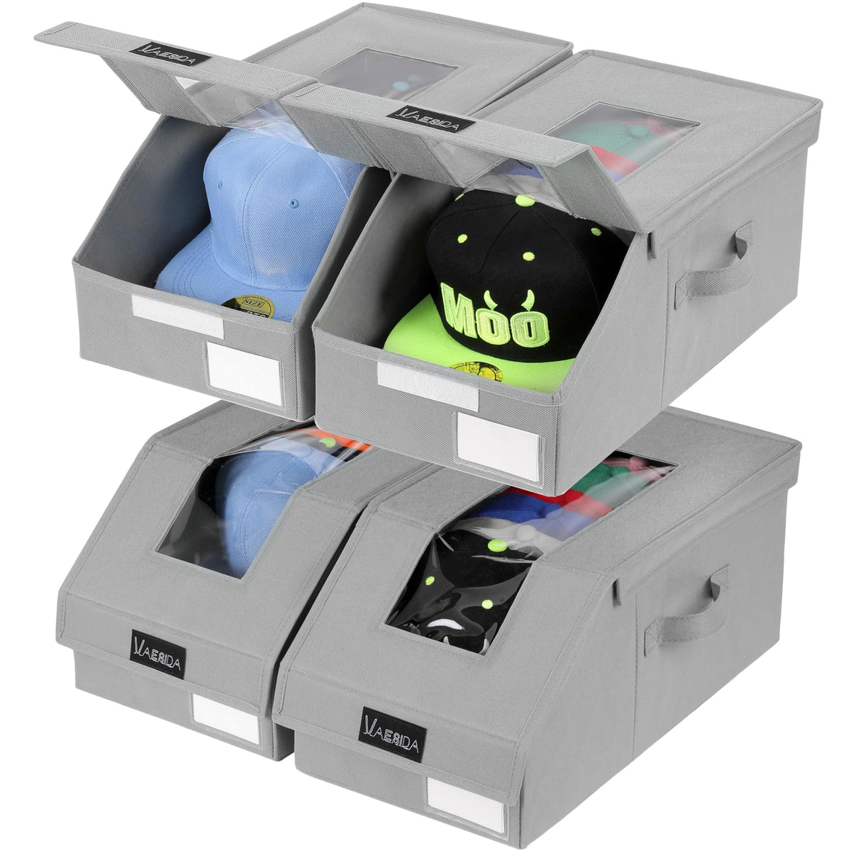 VAESIDA front view showing four hat boxes and tidy storage benefit