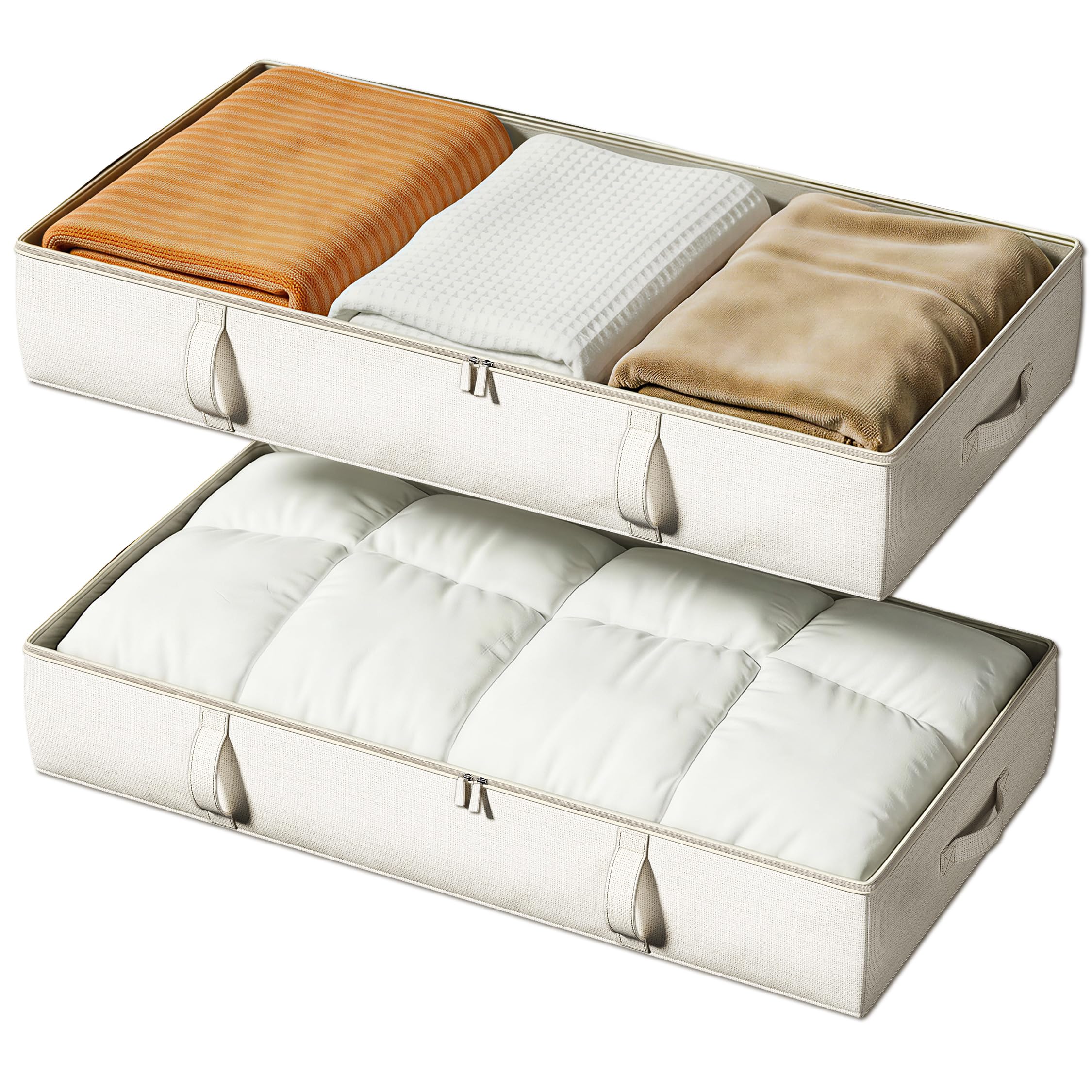 Vailando front view of two beige underbed bins showing neat storage benefit