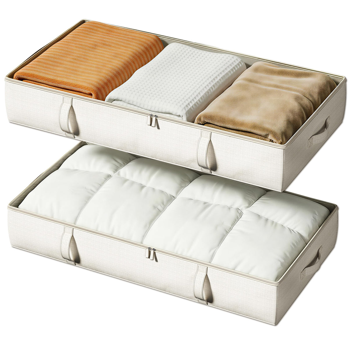 Vailando front view of two beige underbed bins showing neat storage benefit