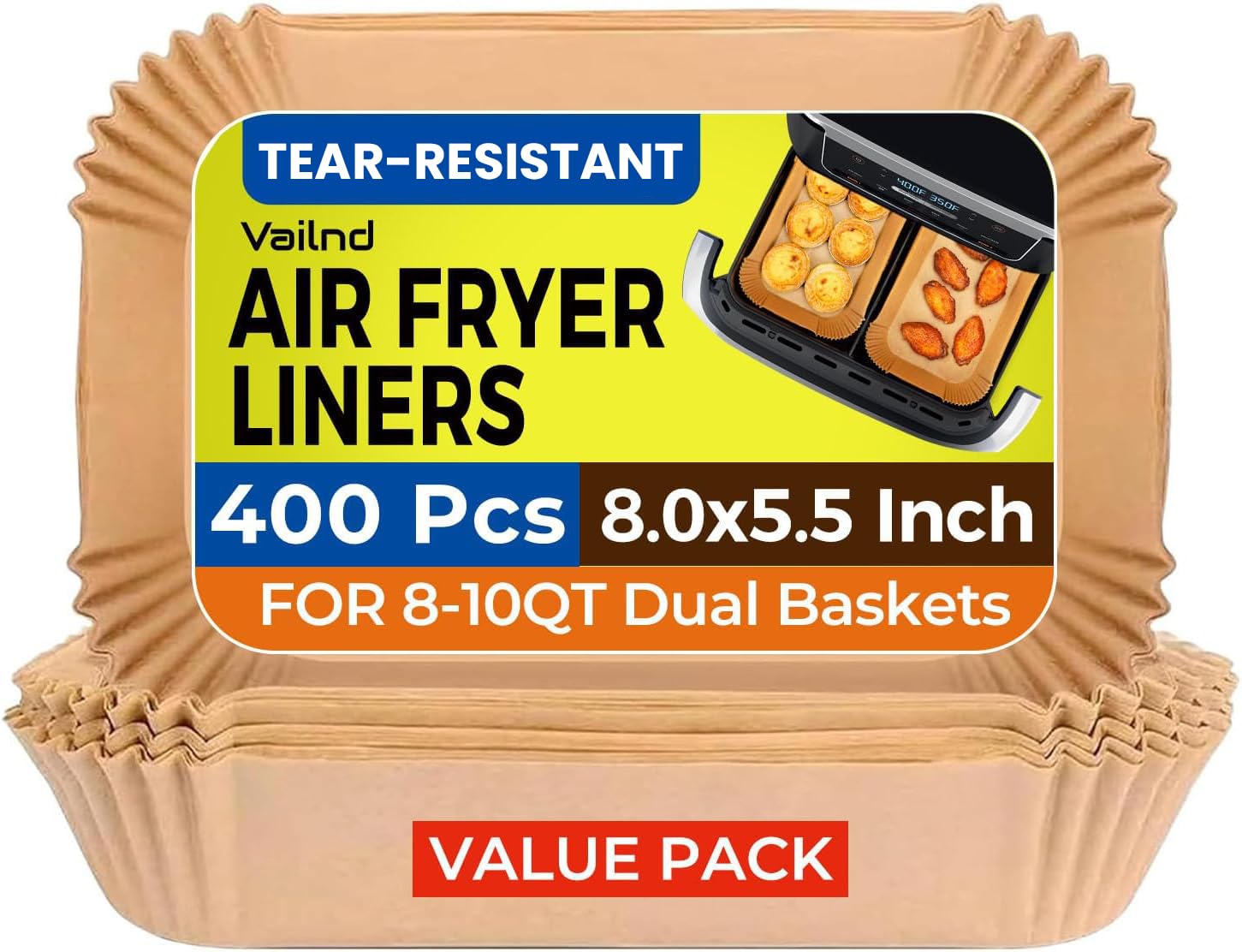 vailnd front packaging showing 400 disposable rectangular liners and convenience