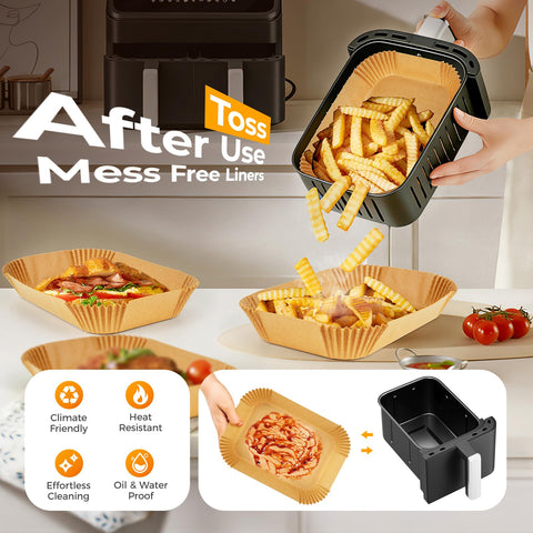 vailnd liner placed inside a dual-basket air fryer showing correct fit and protection