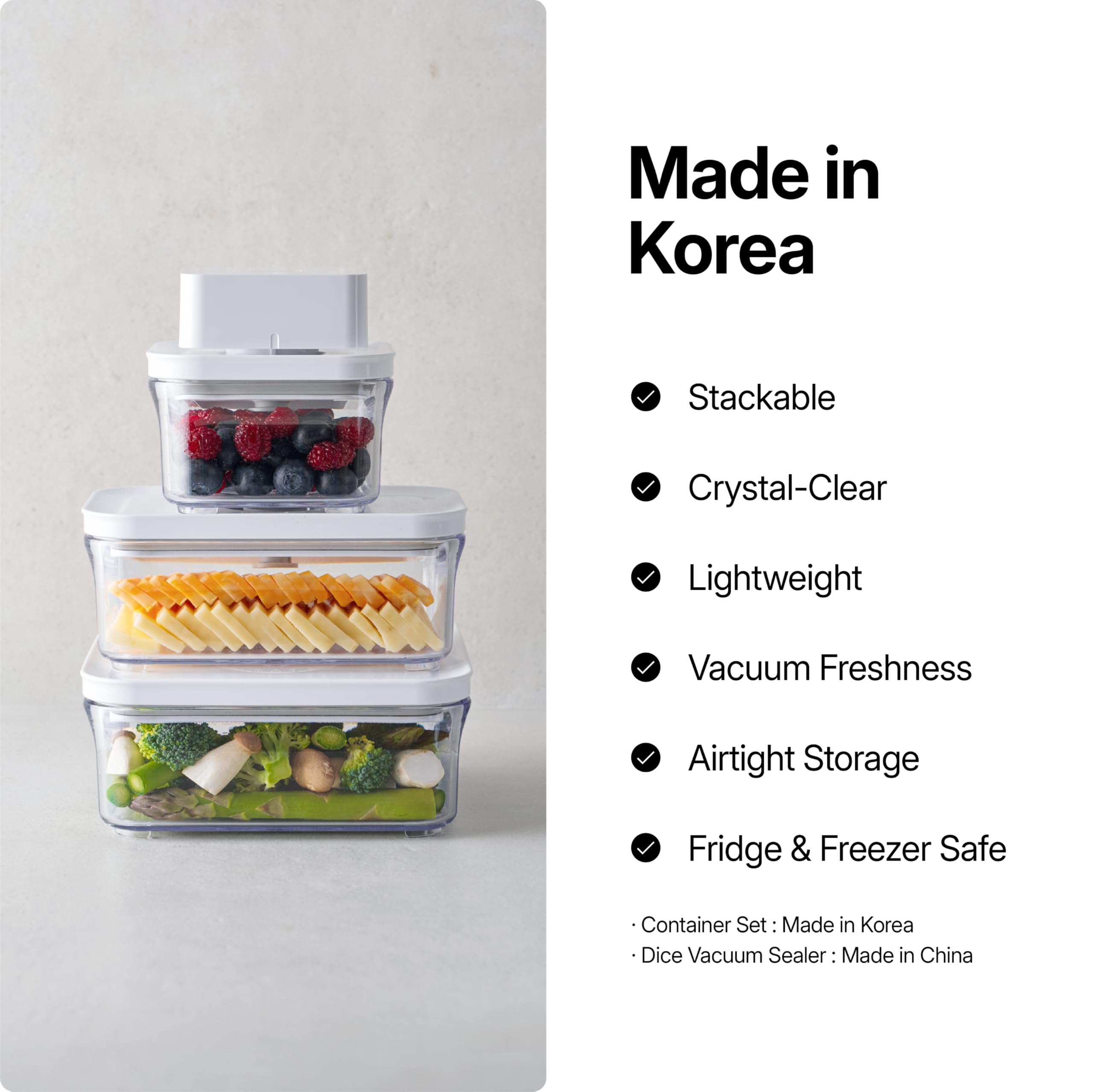 VAKUEN stacked containers showing size variety to maximize fridge space