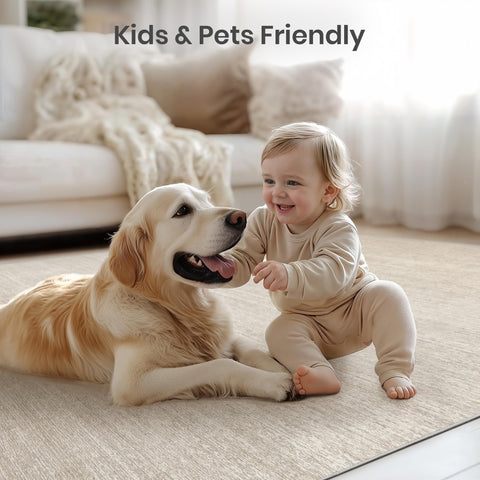 Valenrug kids and pet on rug showing family-friendly, low-maintenance use