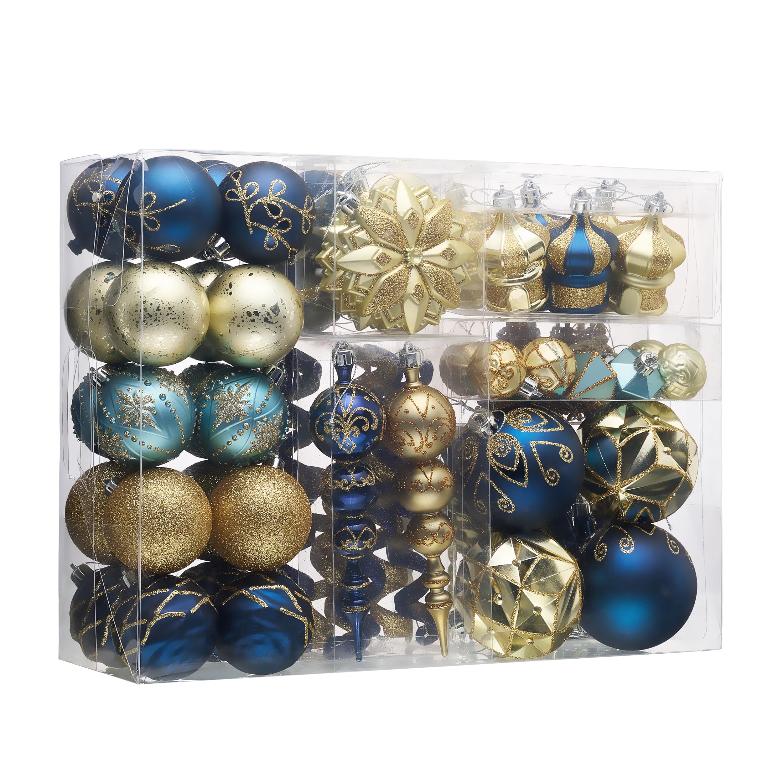 Valery Madelyn boxed set front view showing elegant blue and gold ornaments and complete assortment