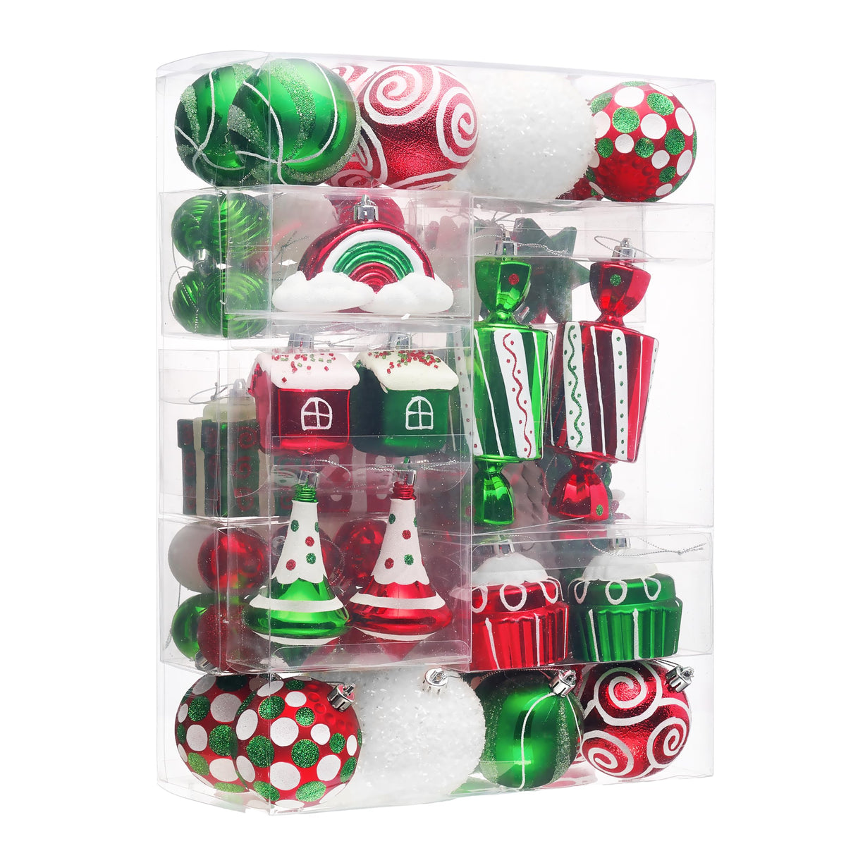 Valery Madelyn front packaging display showing mixed red green ornaments and festive grouping for easy selection