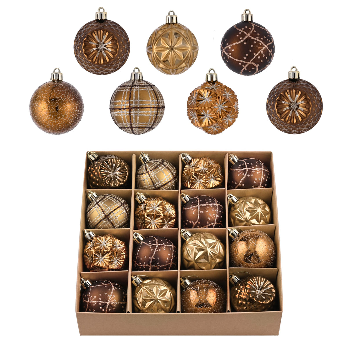Valery Madelyn front view of the 16-piece fall ornament package showing bronze tones and ready-to-hang strings