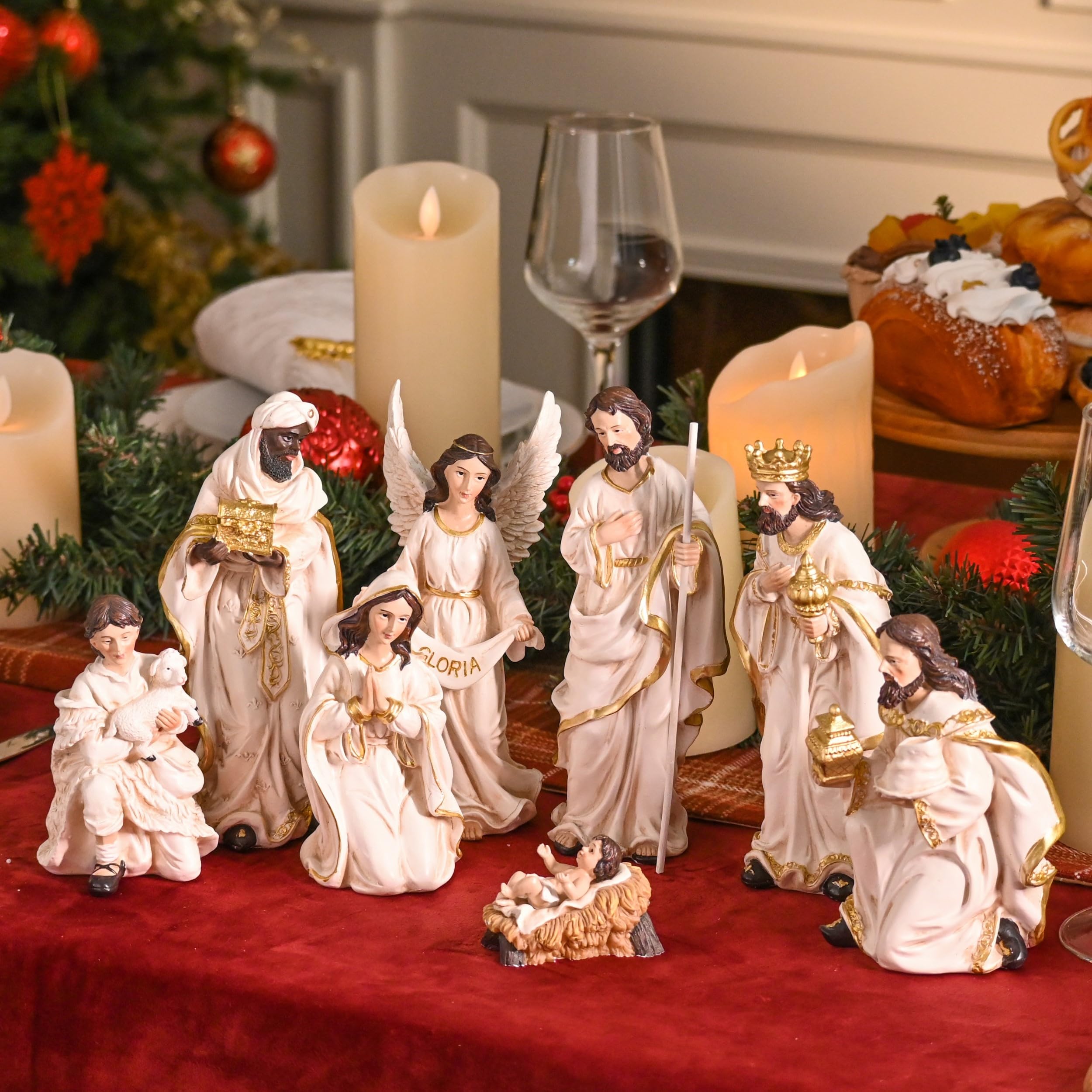 Valery Madelyn front view of nativity set showing elegant white gold finish and complete grouping