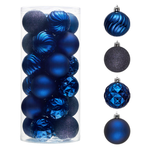Valery Madelyn front view of navy blue ornament set shows neat packaging and cohesive color