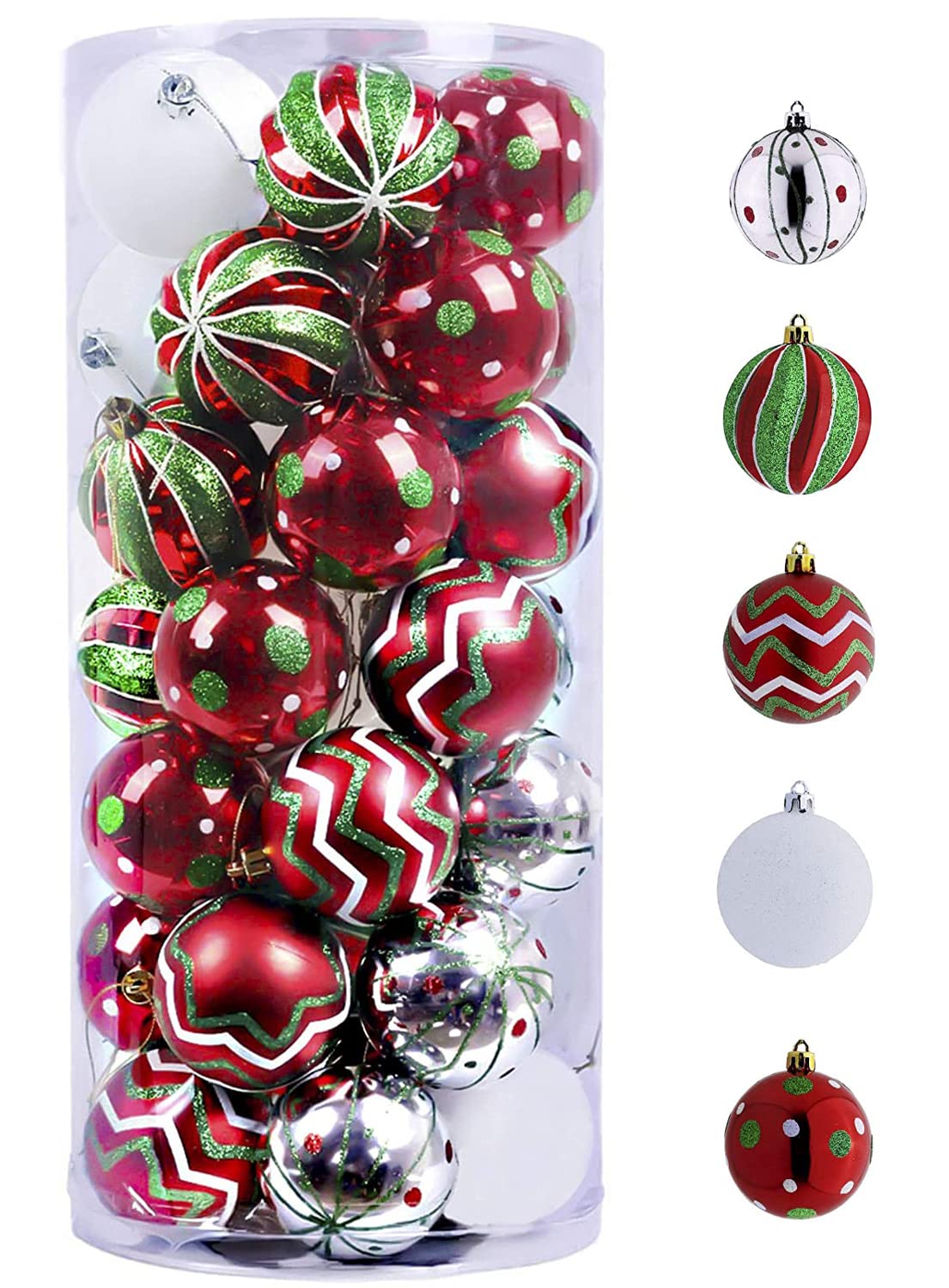 Valery Madelyn front packaging showing 35-piece red green white ornament set, ready-to-hang benefit