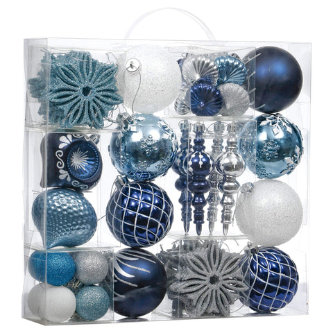Valery Madelyn front packaging showing 70-piece navy and silver ornament set benefit complete kit