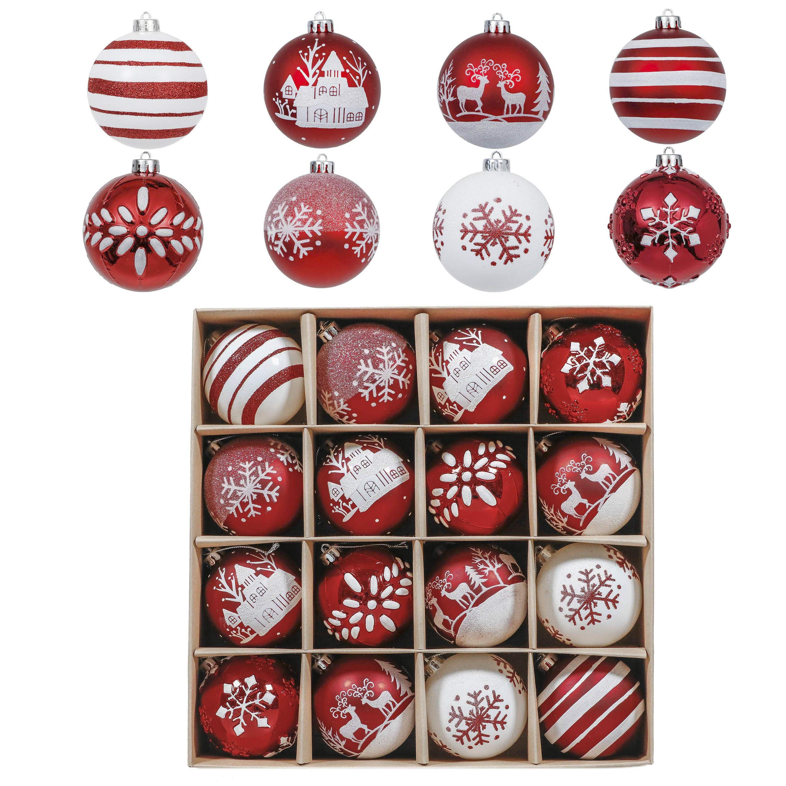 Valery Madelyn front packaging showing 16-piece red and white ornament set and clear benefits
