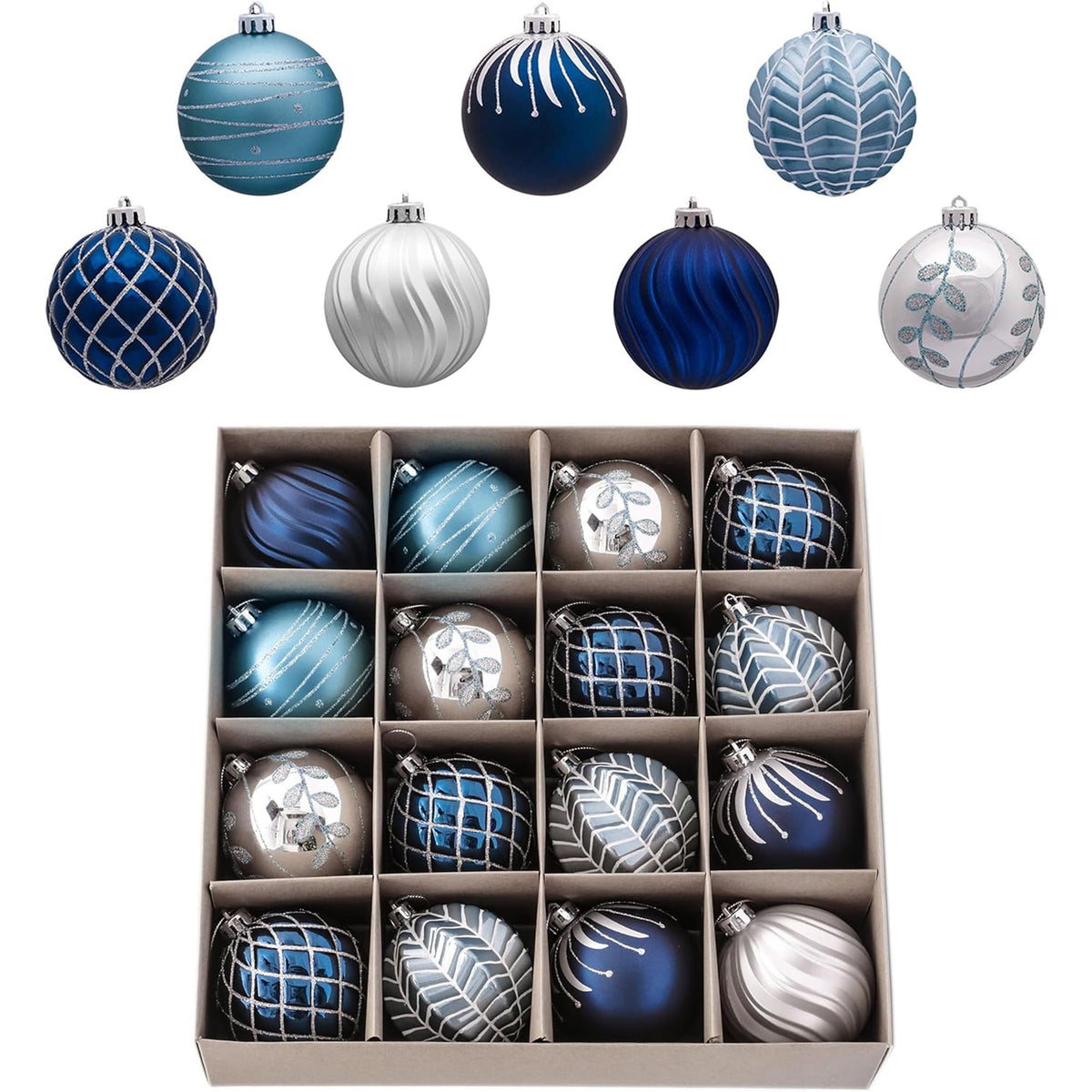 Valery Madelyn front view of 16-piece navy blue and silver ornament set showing elegant palette and value