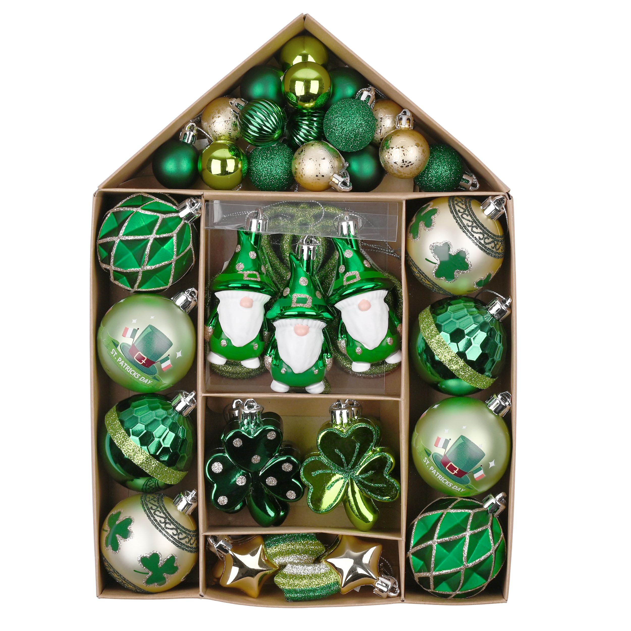 Valery Madelyn front packaging showing 40-piece green and gold ornament set for easy setup
