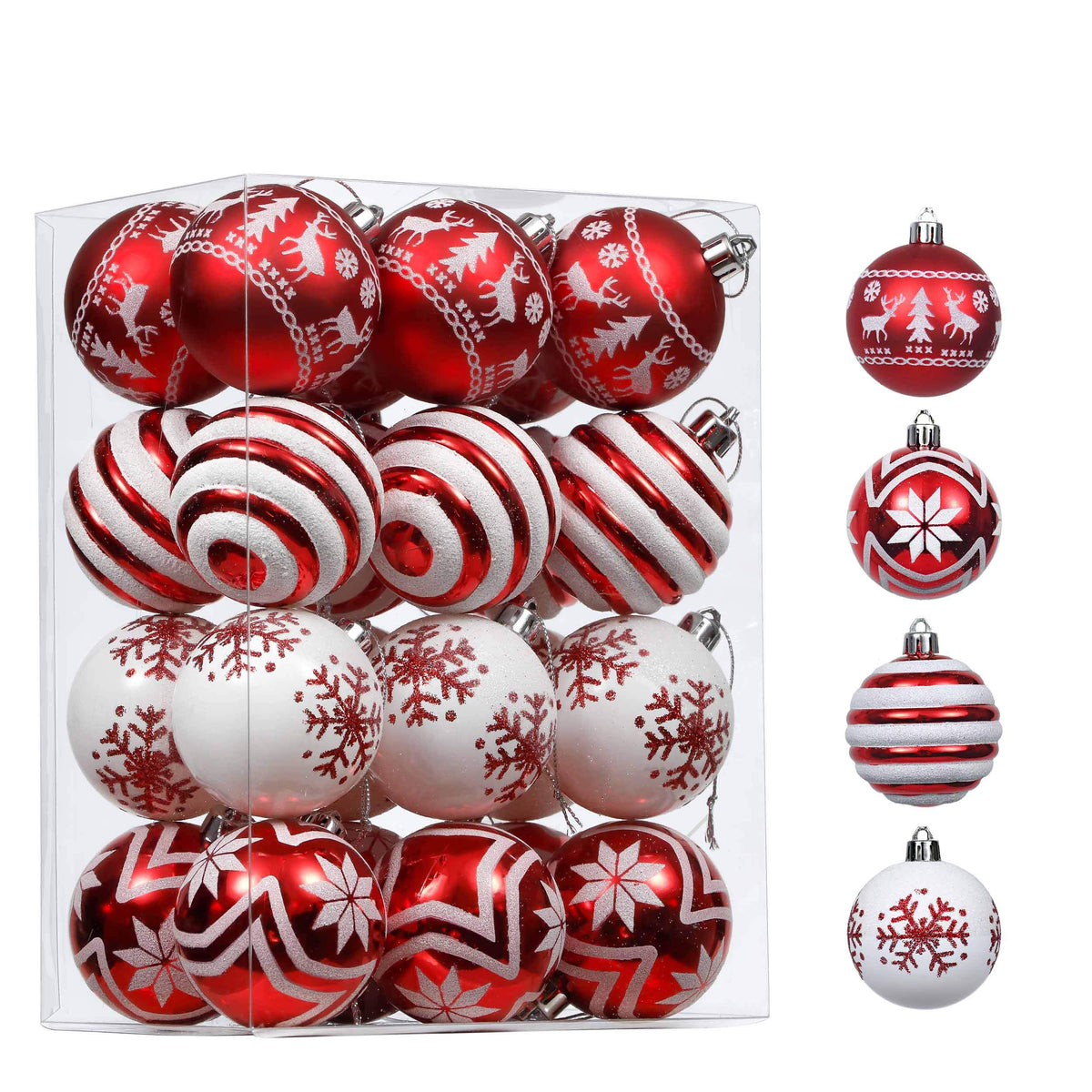 Valery Madelyn front packaging showing 24-piece red white ornament set benefit durable