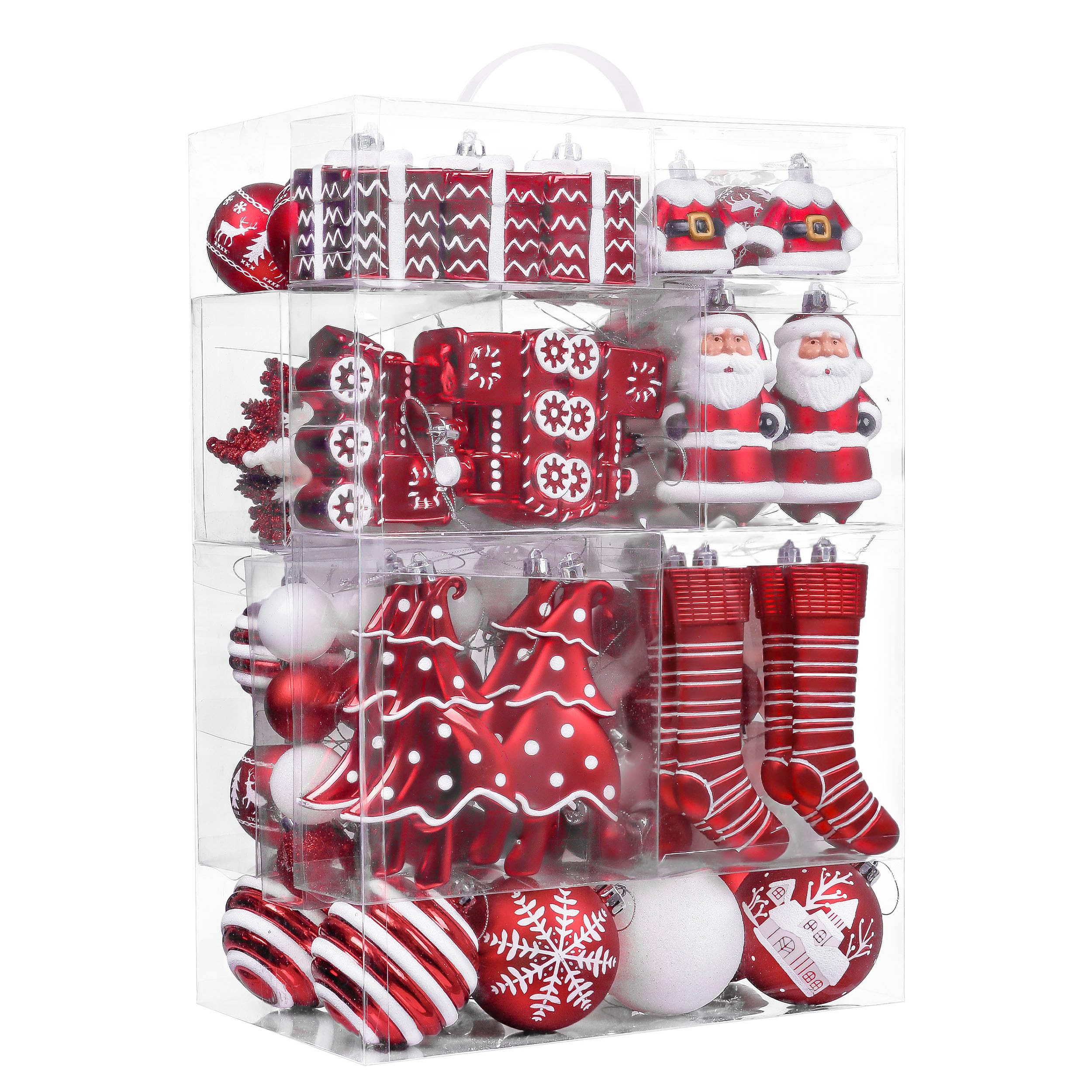 Valery Madelyn front packaging showing 155-piece red and white ornament set for full-tree styling