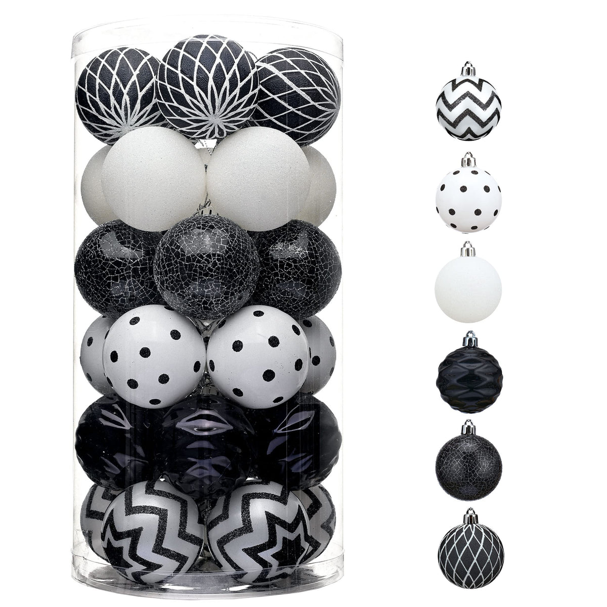 Valery Madelyn front view of 30-piece black and white ornament set showing variety and benefit of coordinated design