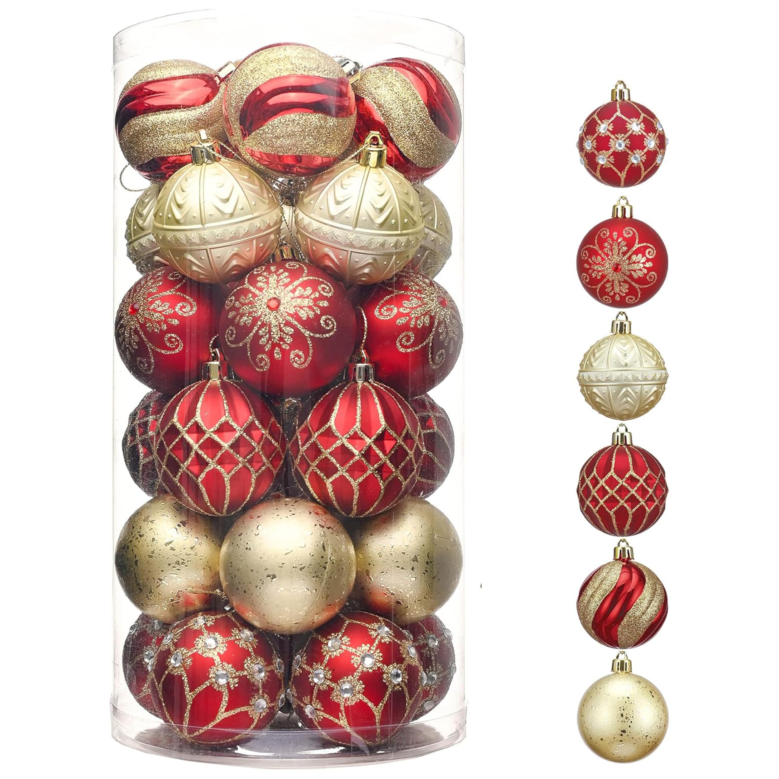 Valery Madelyn front packaging of 30 red and gold ornaments, ready to hang