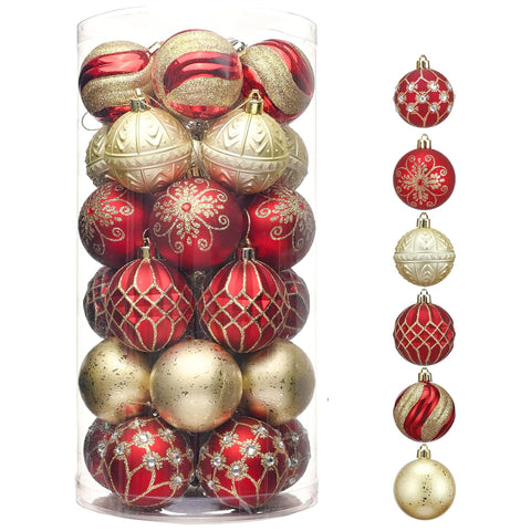 Valery Madelyn front packaging of 30 red and gold ornaments, ready to hang