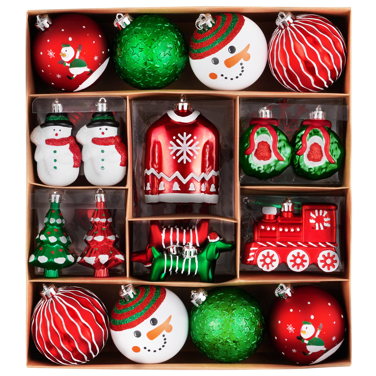 Valery Madelyn front packaging showing 60-piece festive ornament set benefits quick setup