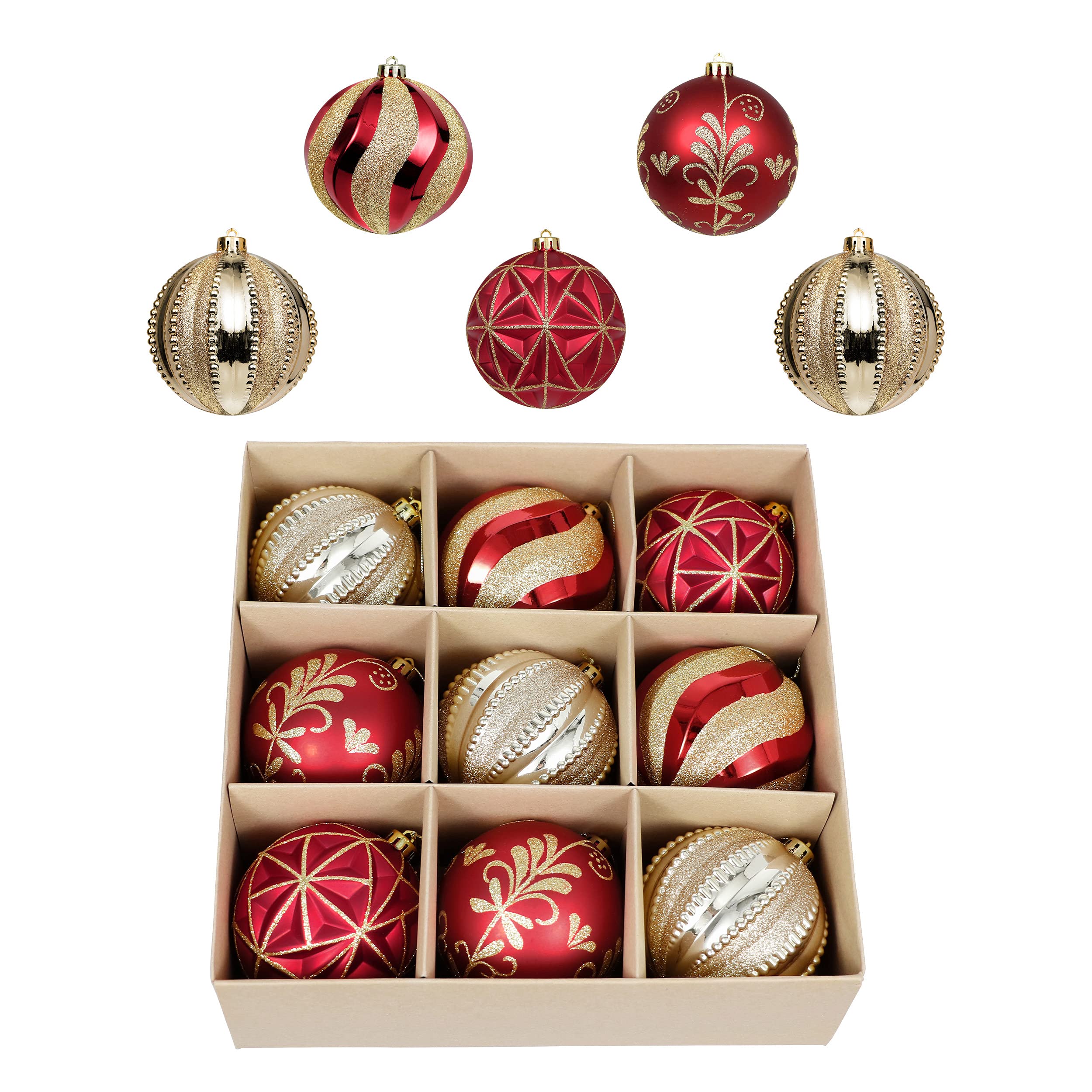 Valery Madelyn front packaging showing nine red and gold ornaments, bright holiday impact