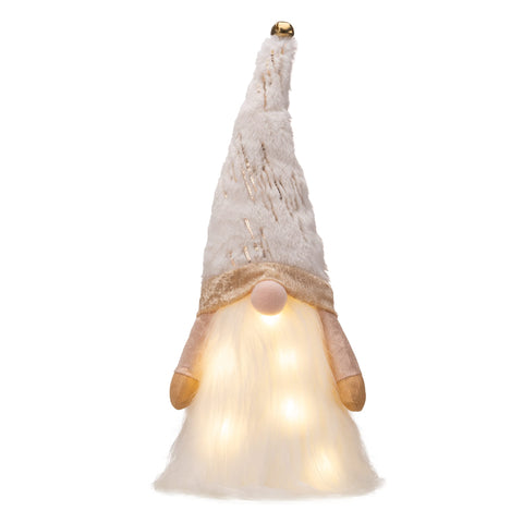 Valery Madelyn front view of gnome topper showing white and gold fabric and soft glow