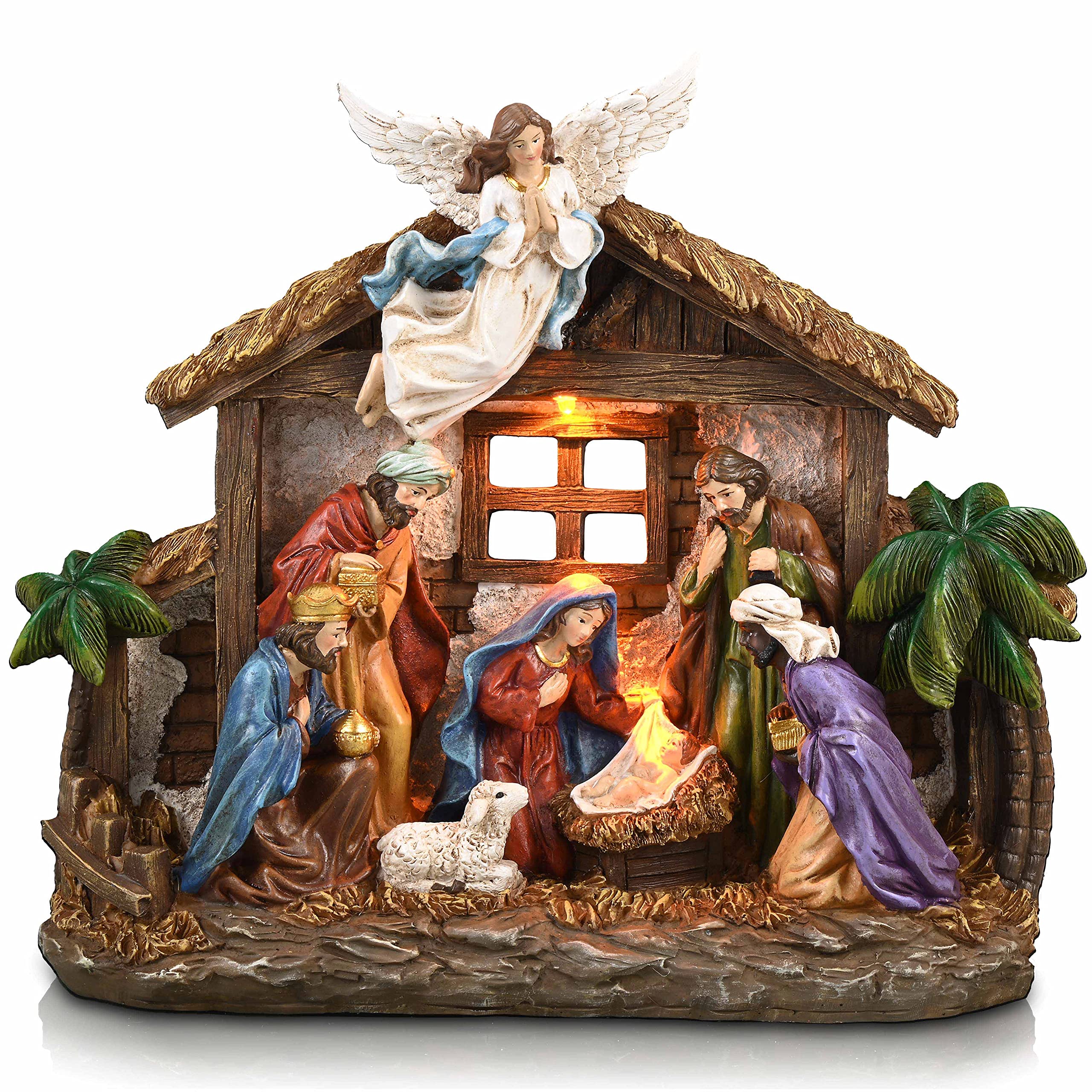 Valery Madelyn front view showing red gold stable and figures, enhances holiday focal point