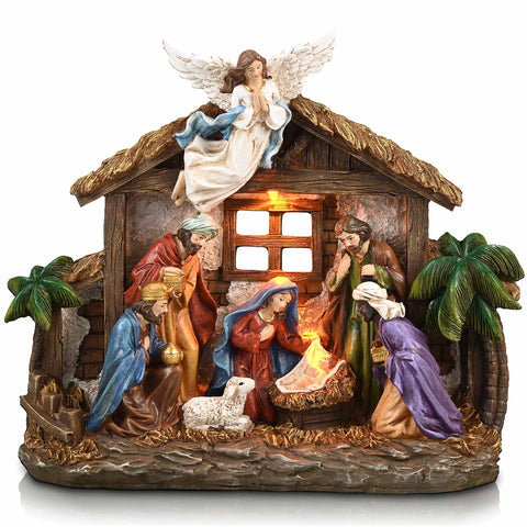 Valery Madelyn front view showing red gold stable and figures, enhances holiday focal point