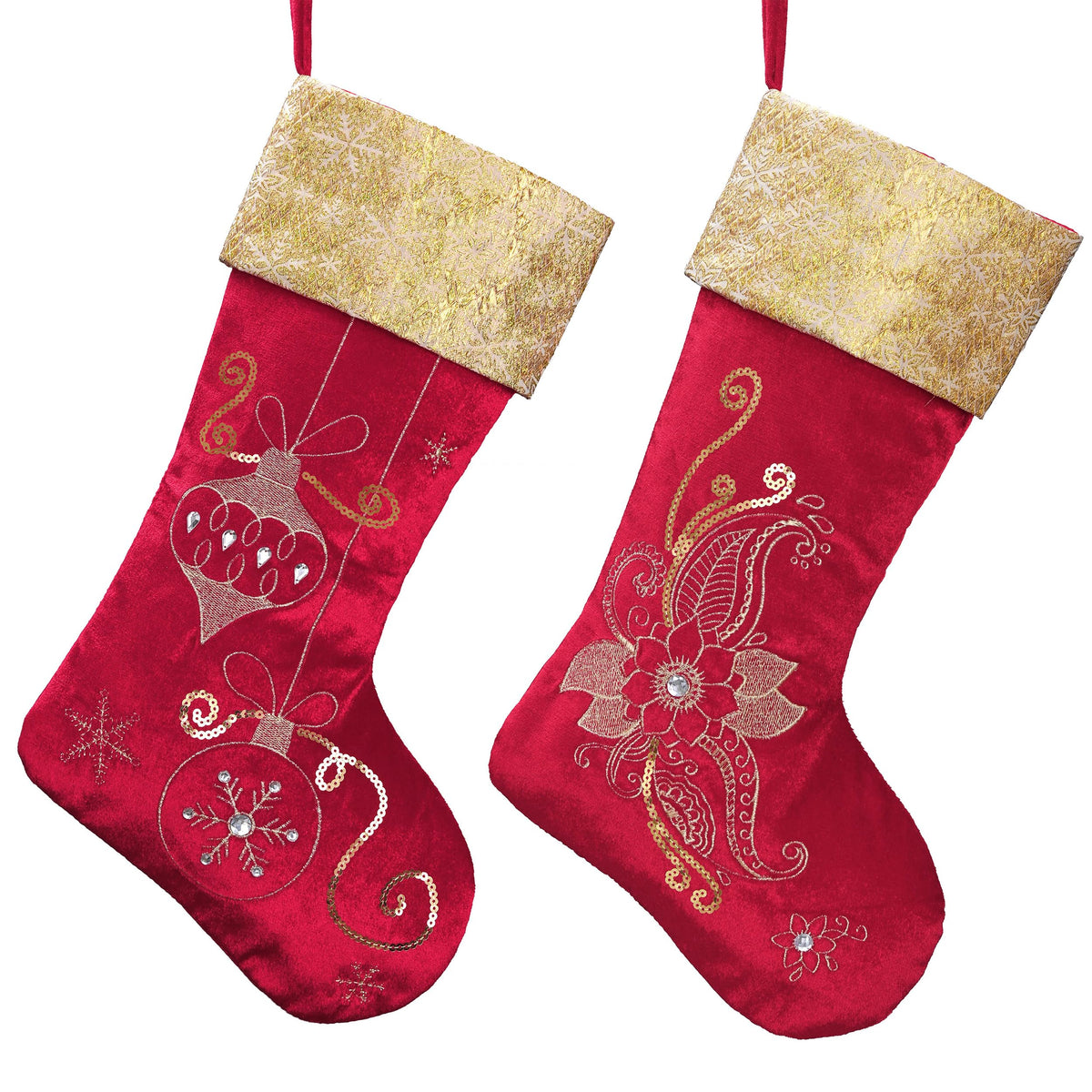 Valery Madelyn front view of two red gold stockings showing generous size and holiday charm