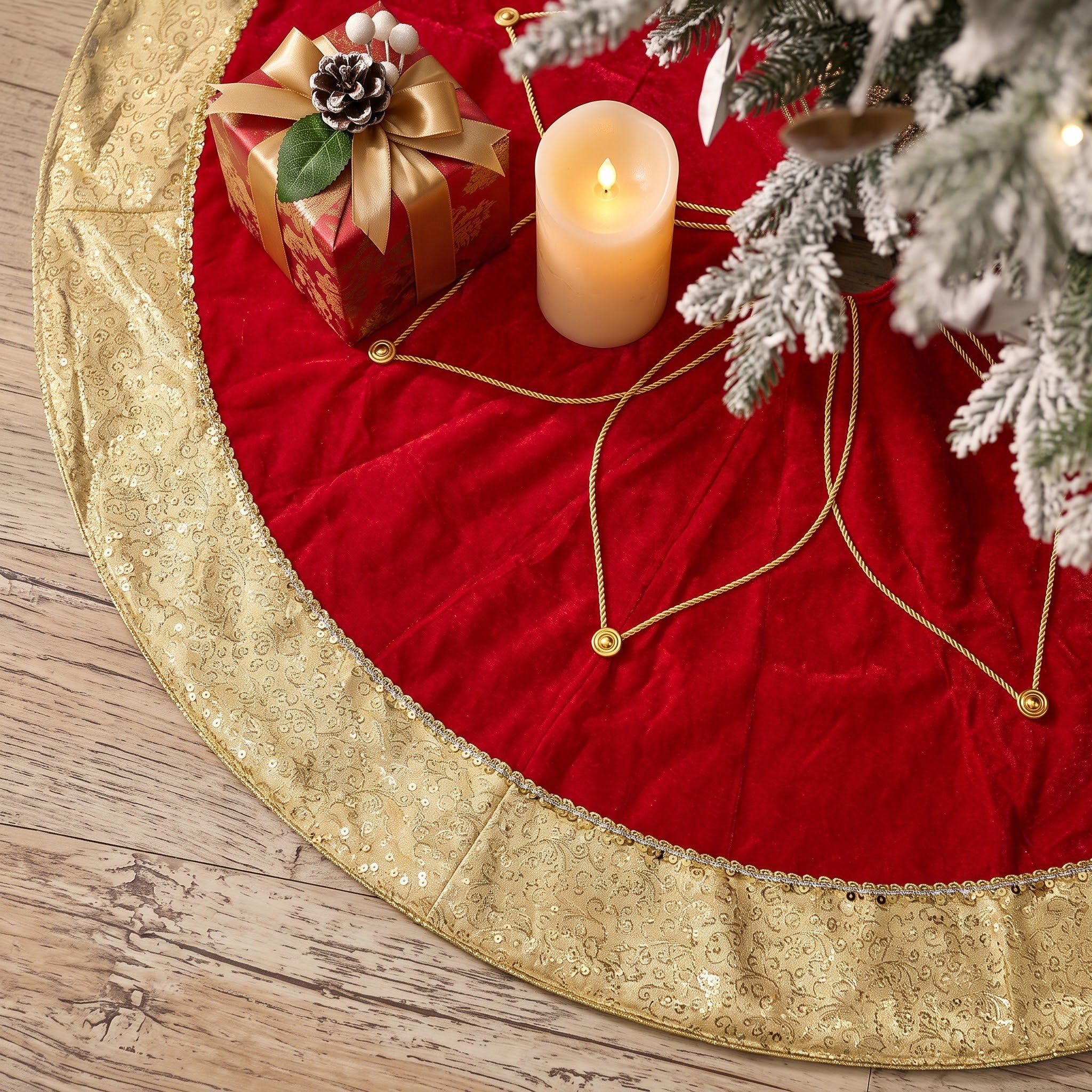 Valery Madelyn front view of red gold tree skirt highlighting festive base