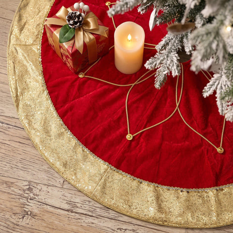 Valery Madelyn front view of red gold tree skirt highlighting festive base
