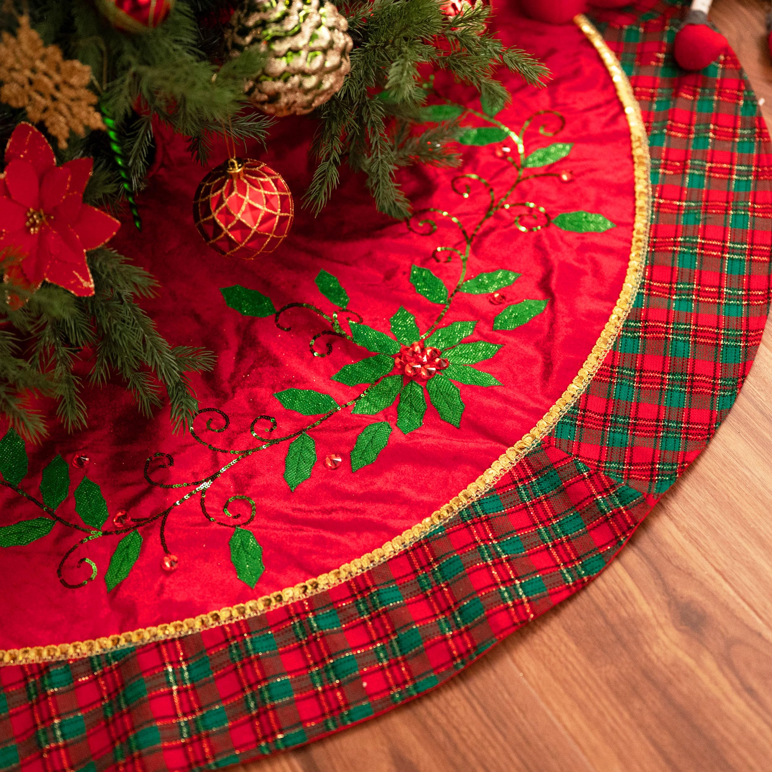 Valery Madelyn front view showing red green gold skirt, adds classic holiday color