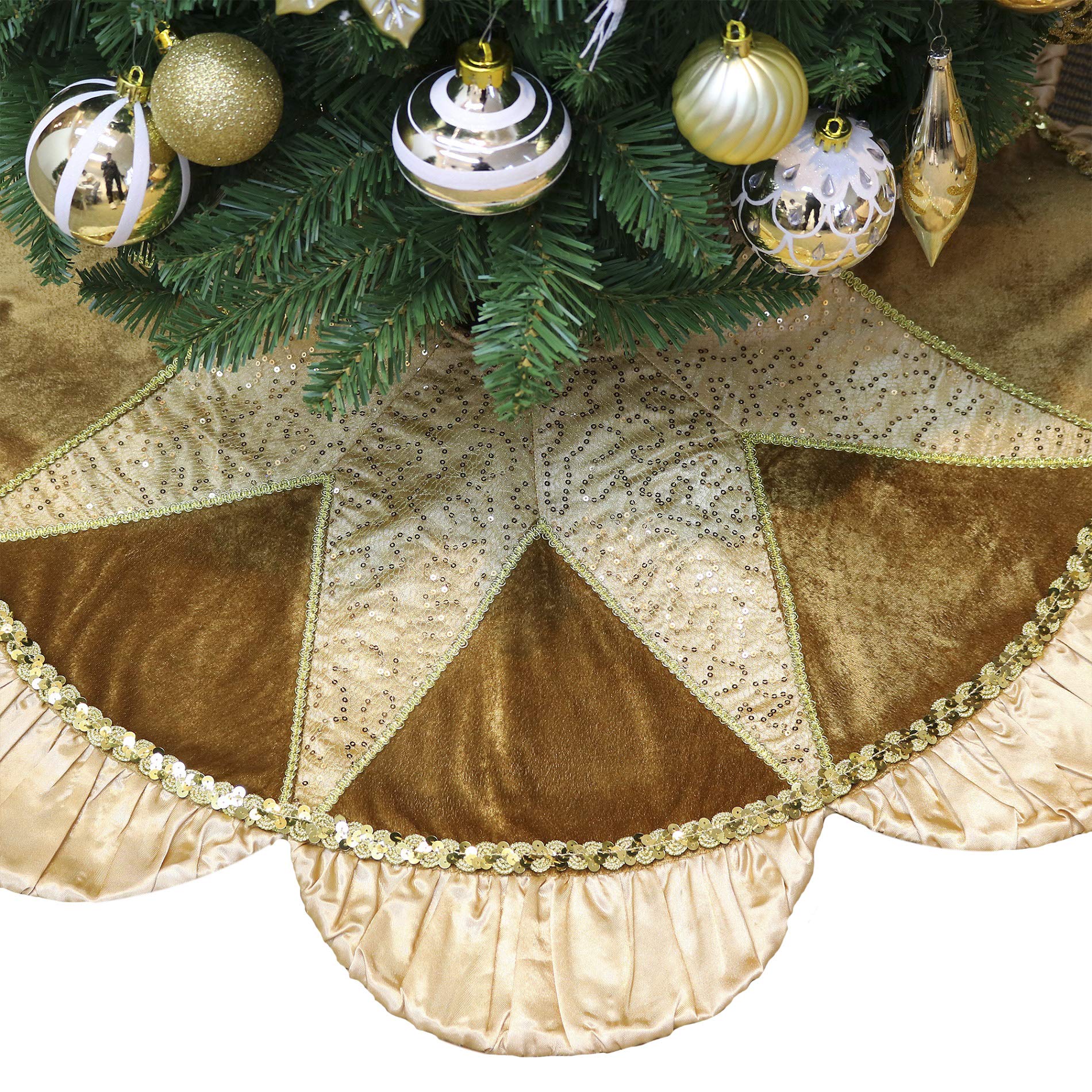 Valery Madelyn front view of golden tree skirt adds elegant base