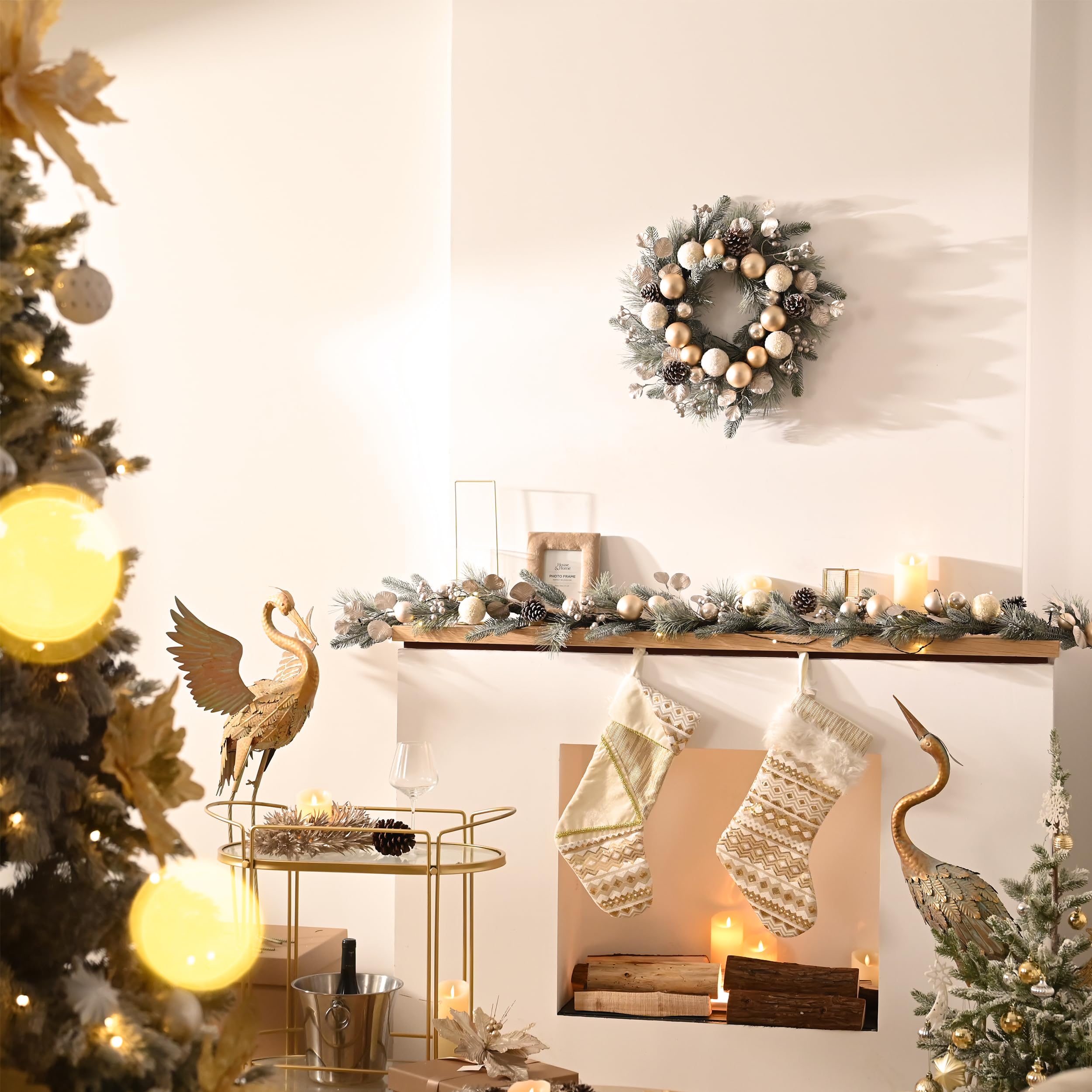 Valery Madelyn close-up of pinecones and silvery-white ornaments for elegant texture