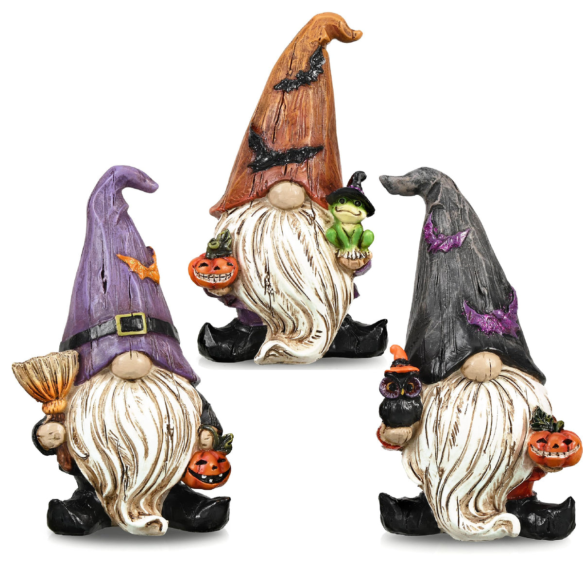Valery Madelyn front view of three gnome figurines showing design and scale