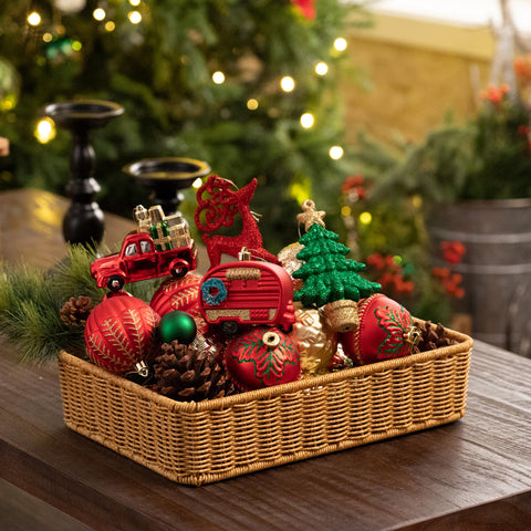 Valery Madelyn ornaments hanging on tree creating cohesive red green gold look