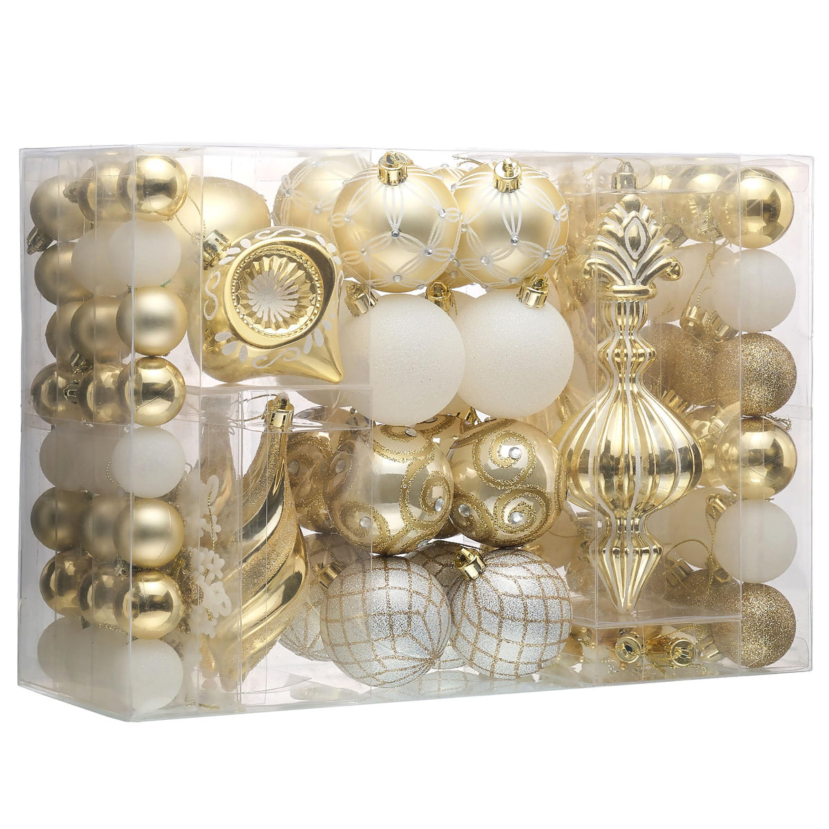 Valery Madelyn front display of 100 ornaments showing coordinated white and gold elegance