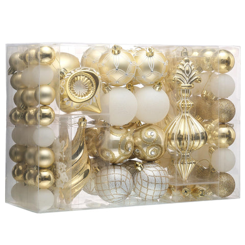 Valery Madelyn front display of 100 ornaments showing coordinated white and gold elegance