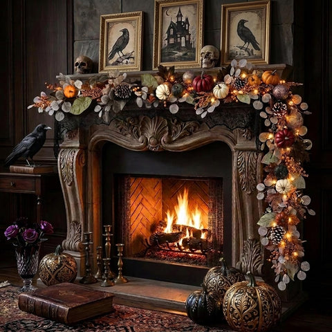 Valery Madelyn styled over fireplace providing cozy seasonal atmosphere
