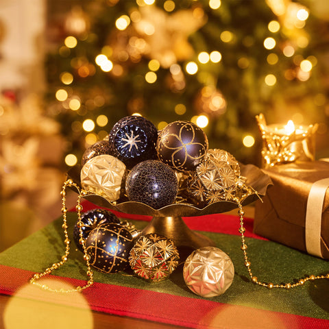 Valery Madelyn ornaments styled in a table centerpiece providing festive reusable decor