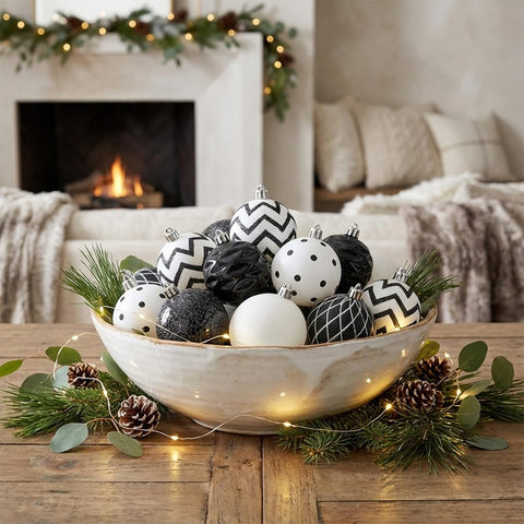 Valery Madelyn ornaments hung on a modern Christmas tree demonstrating cohesive monochrome styling