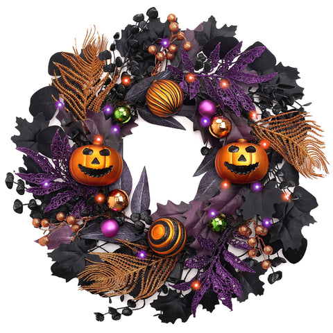 Valery Madelyn front view of black pumpkin wreath showing dramatic entryway impact