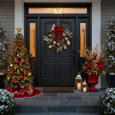 Valery Madelyn wreath hung on an entry door creating inviting curb appeal