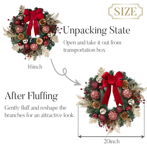 Valery Madelyn wreath beside chair showing 20 inch scale for size clarity