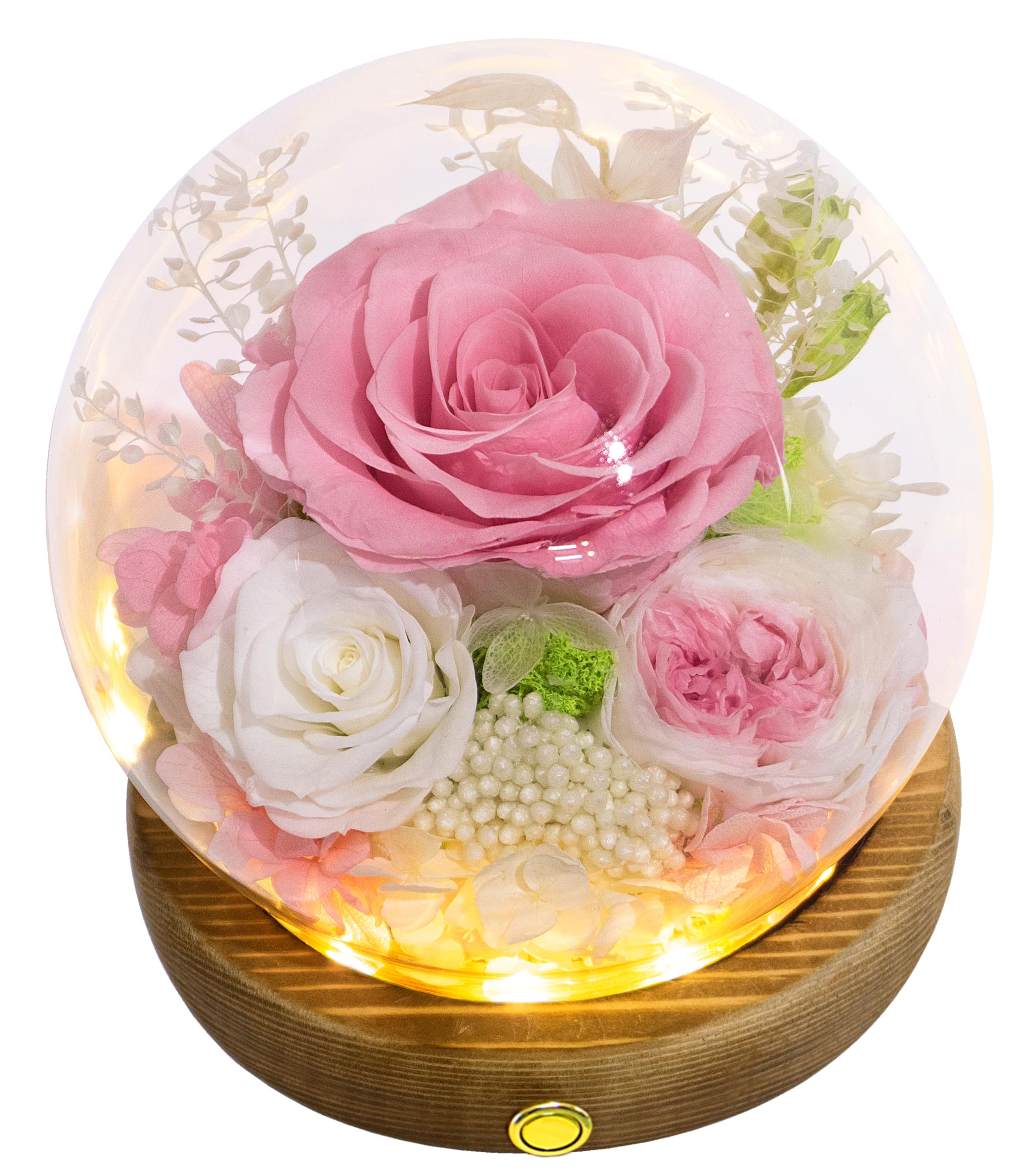Valley of Rain & Forest front view glass dome with preserved flowers showing elegant decor
